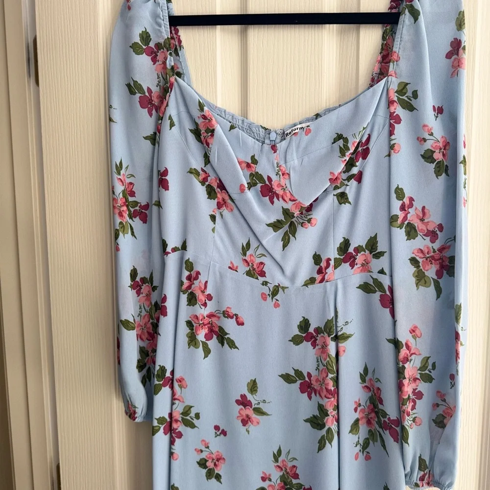 Reformation Shelby Floral Midi Dress in Light Blue with Pink Blooms - Picture 3 of 6